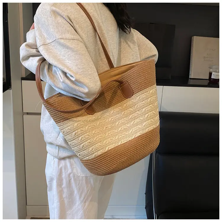 Straw Large Capacity Women's Handbag Multi-compartment Zipper Bag — feature 12