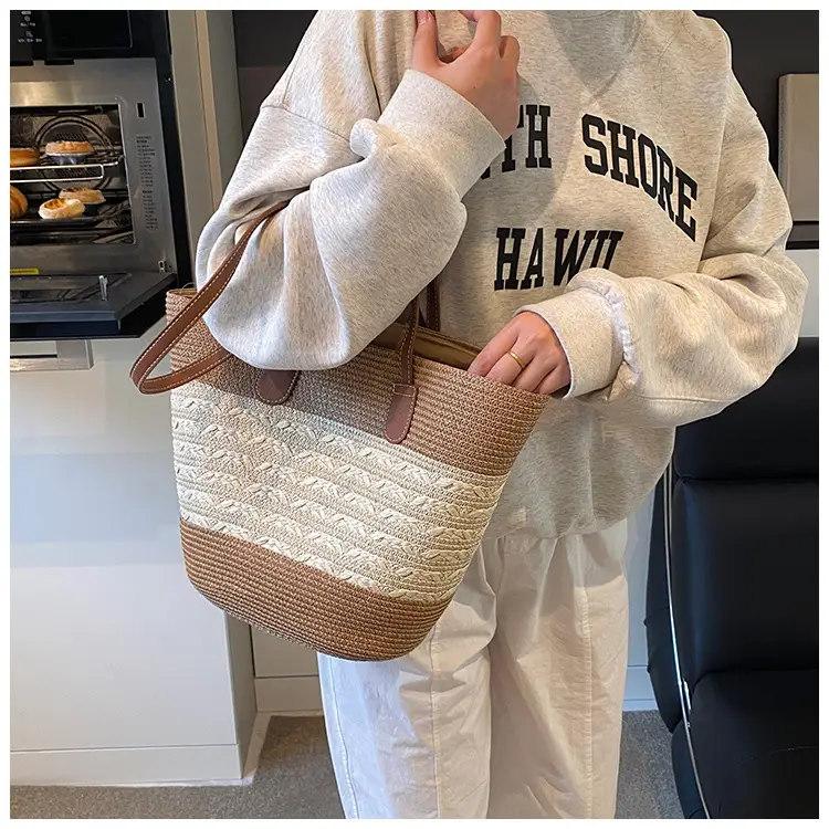 Straw Large Capacity Women's Handbag Multi-compartment Zipper Bag — feature 14