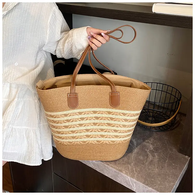 Straw Large Capacity Women's Handbag Multi-compartment Zipper Bag — feature 16