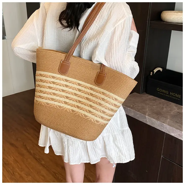 Straw Large Capacity Women's Handbag Multi-compartment Zipper Bag — feature 22