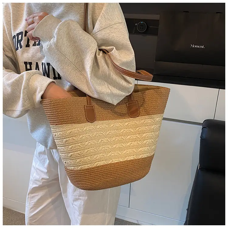 Straw Large Capacity Women's Handbag Multi-compartment Zipper Bag — feature 9