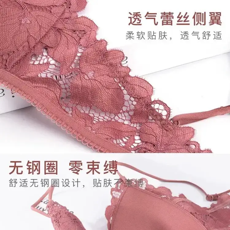 Black Lace Triangle Cup Bra Small Chest Push Up - Image 12