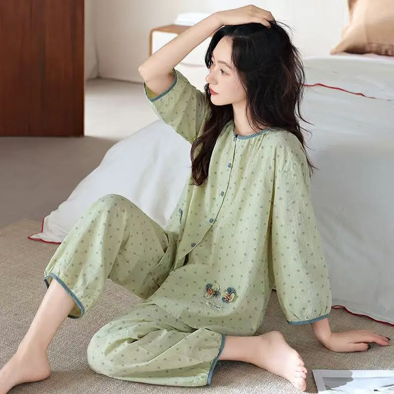 Women's Summer Cloud Cotton Three-Quarter Sleeve Nine-Quarter Pants Brushed Pajama Set