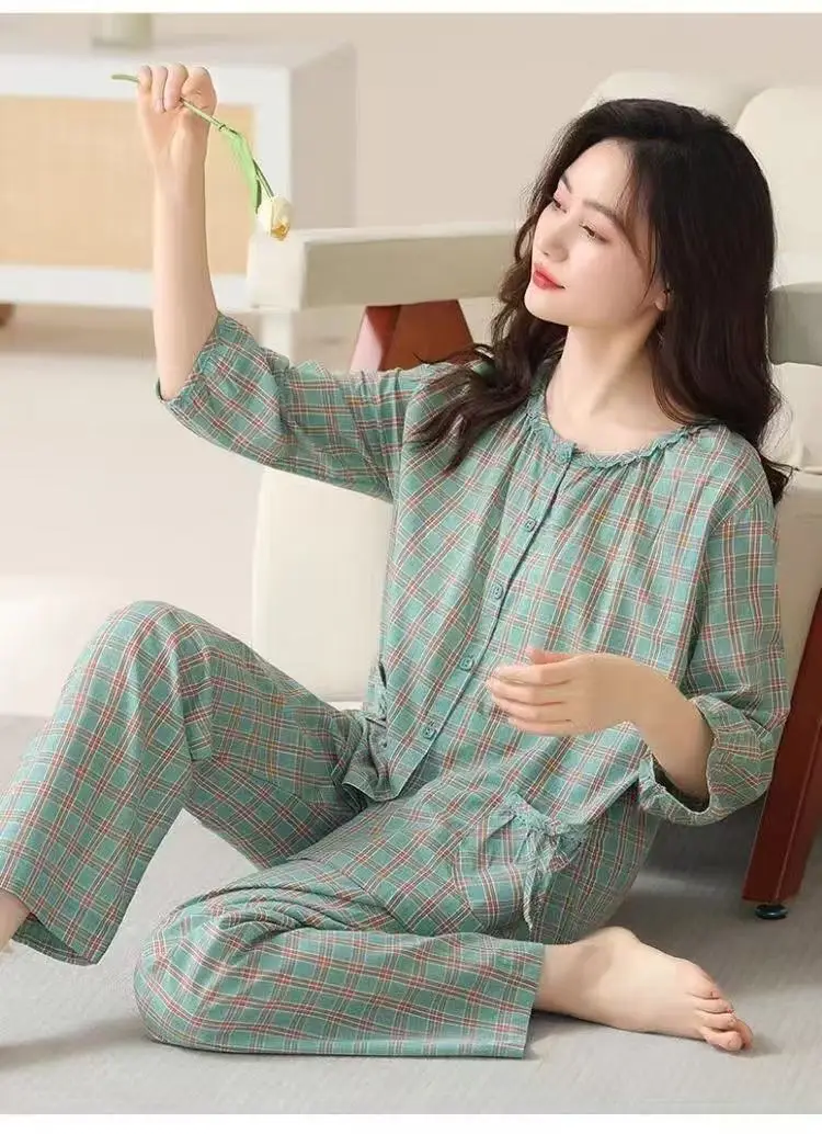 Women's Summer Cloud Cotton Three-Quarter Sleeve Nine-Quarter Pants Brushed Pajama Set — feature 7