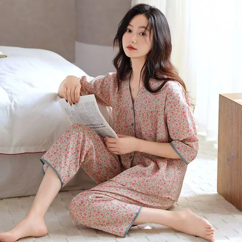 Women's Summer Cloud Cotton Three-Quarter Sleeve Nine-Quarter Pants Brushed Pajama Set