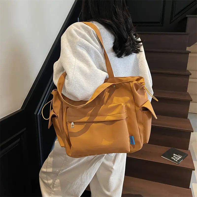Women's Tan Canvas Shoulder Bag Large Capacity Casual Tote - Image 4