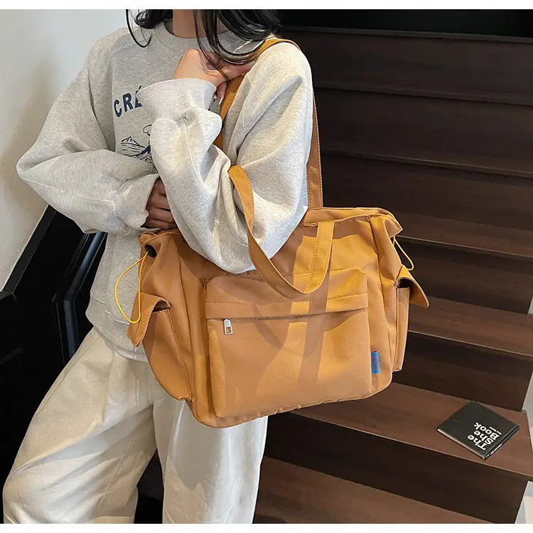 Women's Tan Canvas Shoulder Bag Large Capacity Casual Tote — feature 35