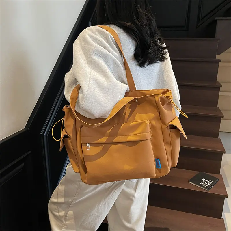 Women's Tan Canvas Shoulder Bag Large Capacity Casual Tote - Image 2