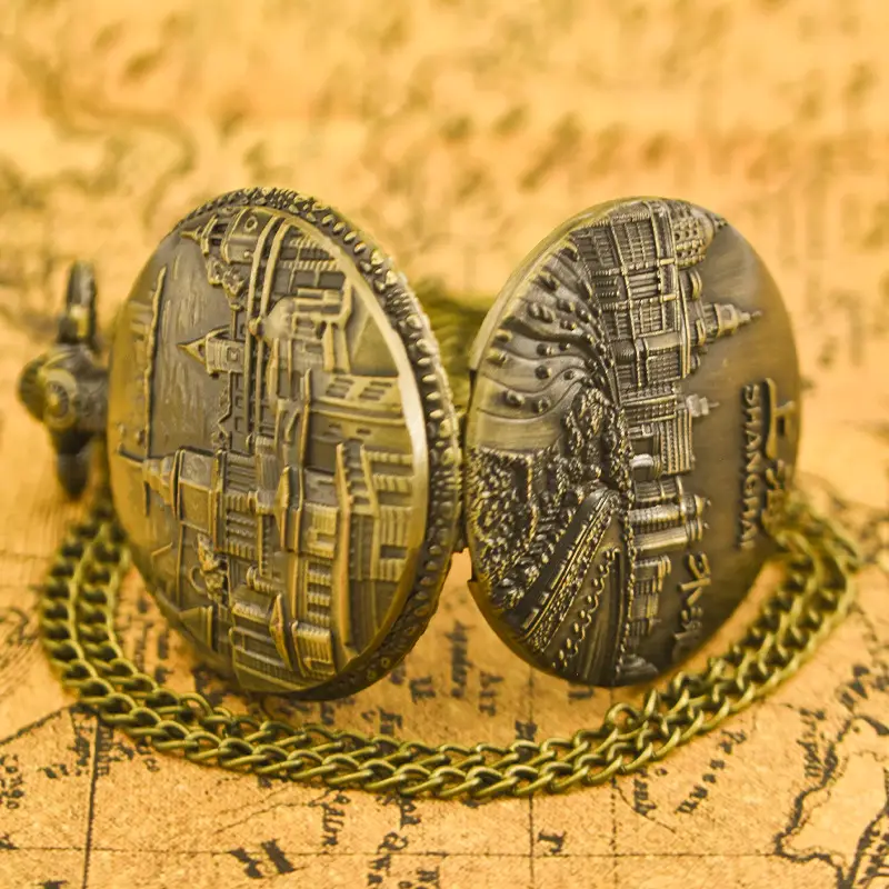 Universal Shanghai Bund Flip Pocket Watch with Chain - Image 7