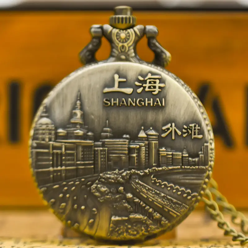 Universal Shanghai Bund Flip Pocket Watch with Chain - Image 9