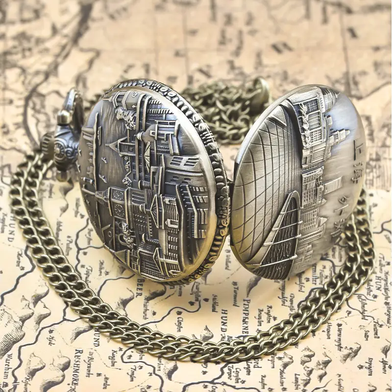 Universal Shanghai Bund Flip Pocket Watch with Chain — feature 9