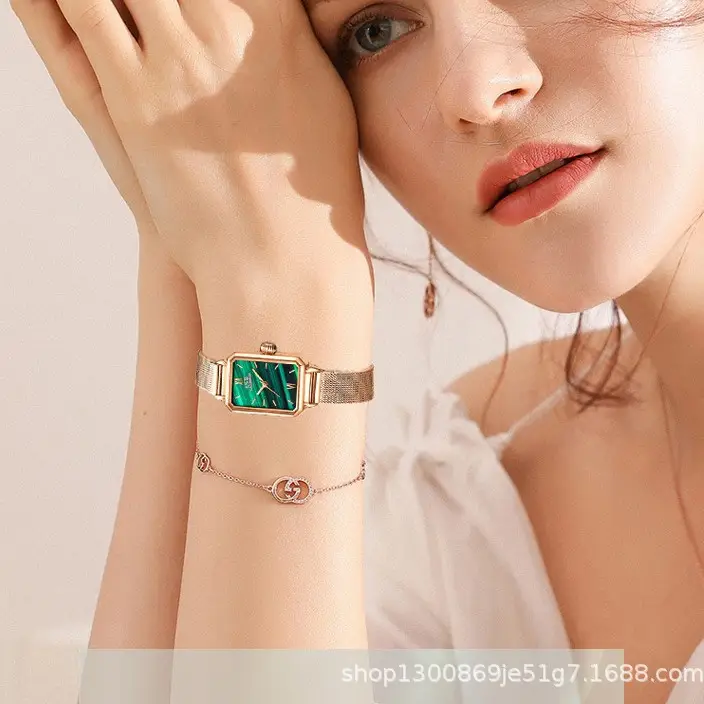 Women's Green Quartz Square Watch with Leather Strap - Image 6
