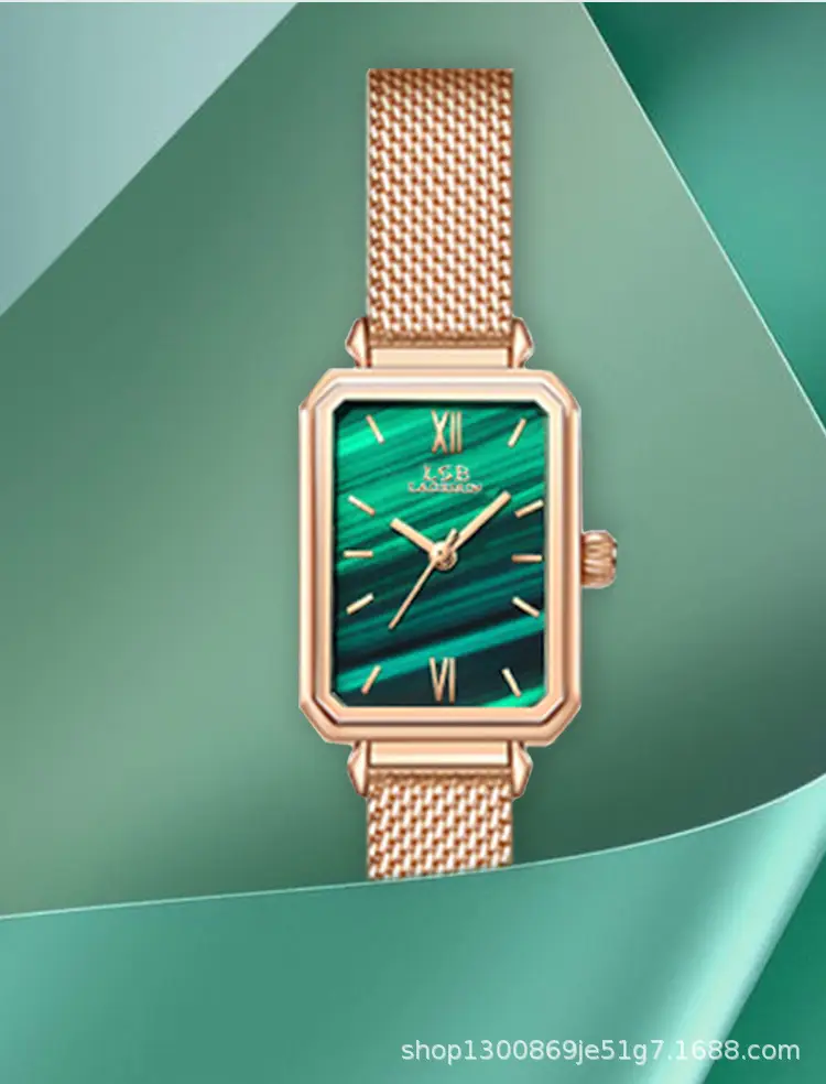 Women's Green Quartz Square Watch with Leather Strap — feature 14