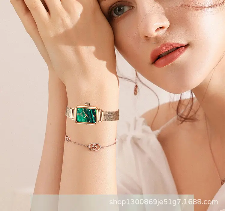 Women's Green Quartz Square Watch with Leather Strap — feature 4