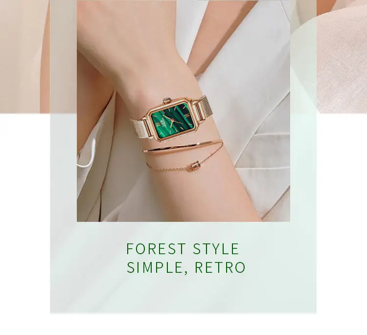 Women's Green Quartz Square Watch with Leather Strap — feature 9
