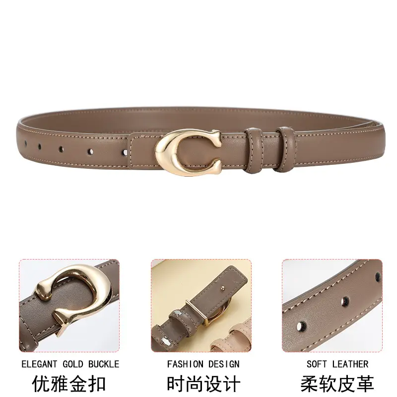 Women's Gold Leather Belt 104cm Thin Decorative