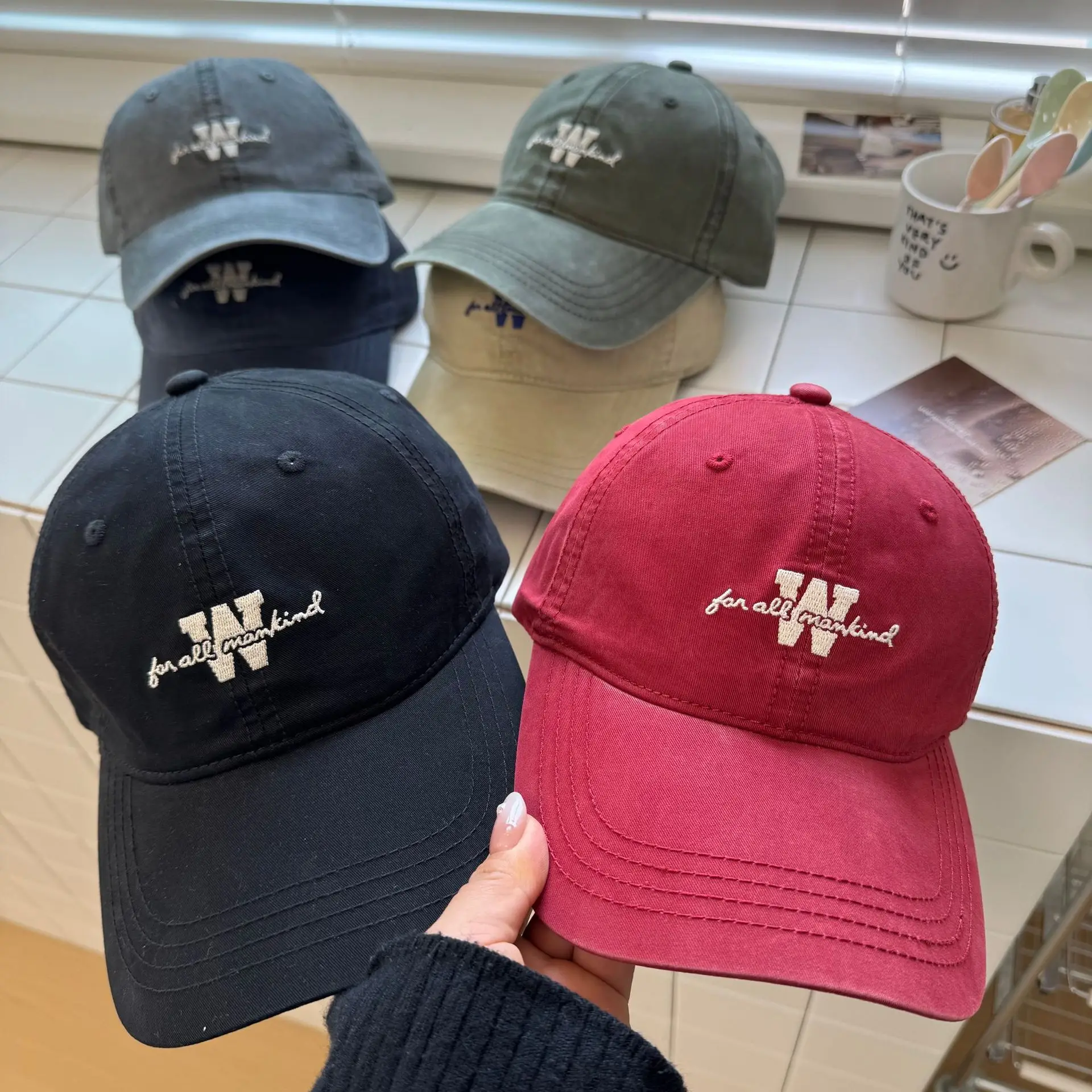 Women's Maroon American Letter Cap Wash Cotton - Image 7