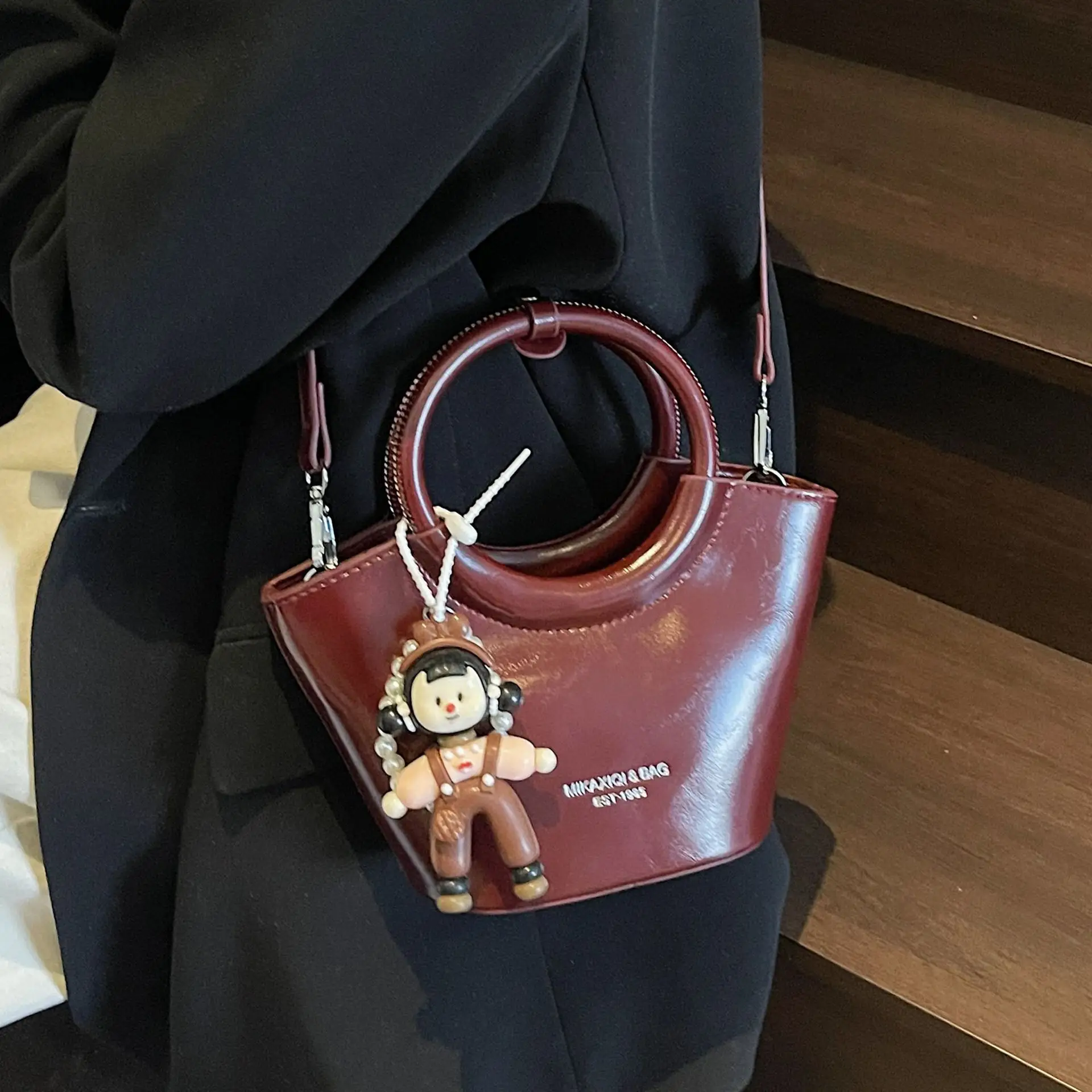 Women's Maroon Leather Shoulder Bag with Cute Charm - Image 14