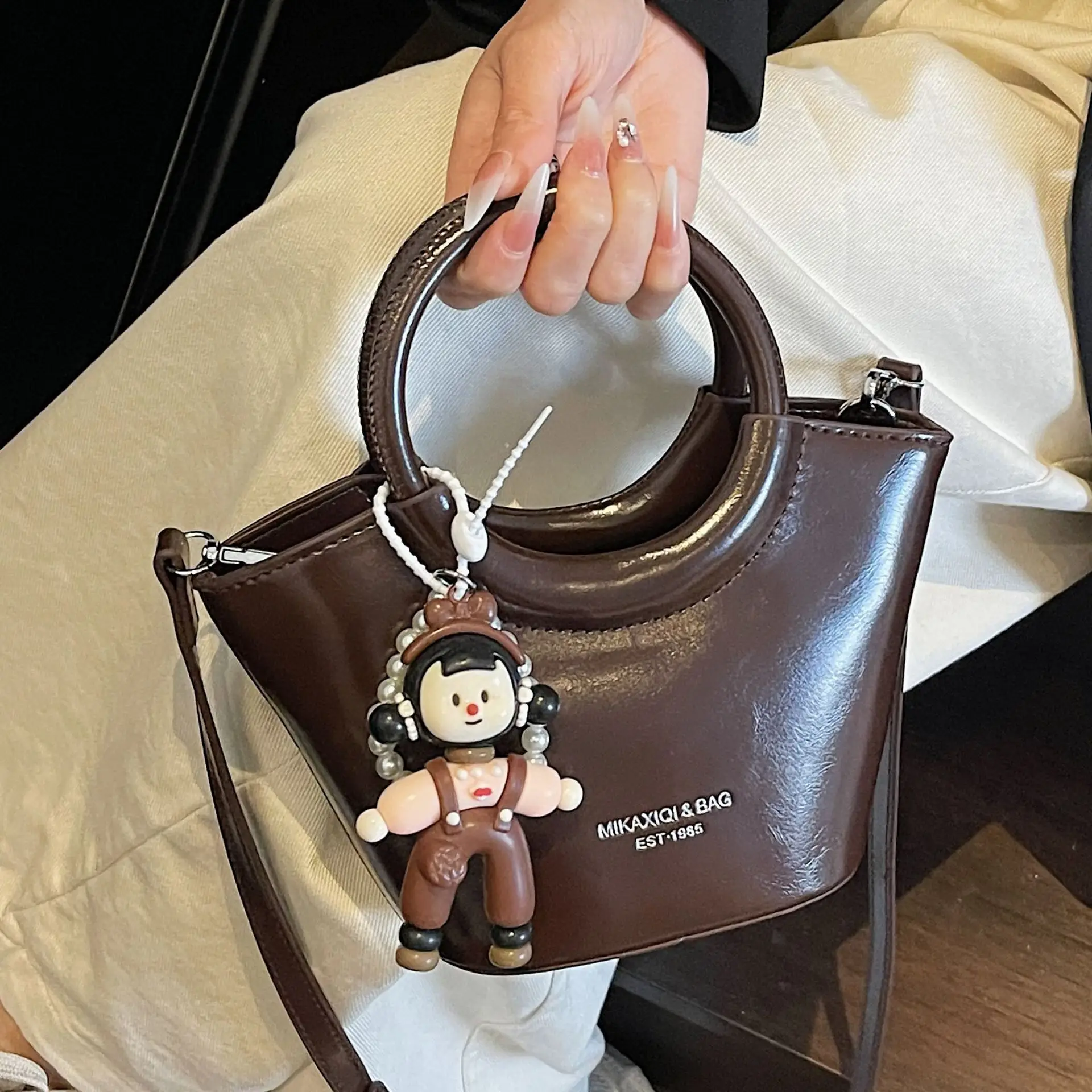 Women's Maroon Leather Shoulder Bag with Cute Charm - Image 15