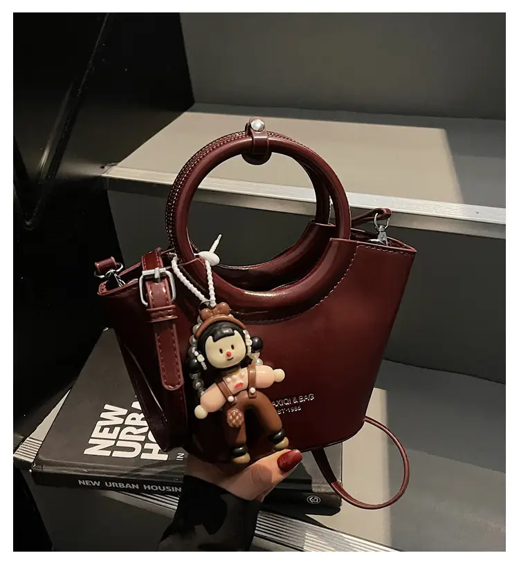 Women's Maroon Leather Shoulder Bag with Cute Charm — feature 1