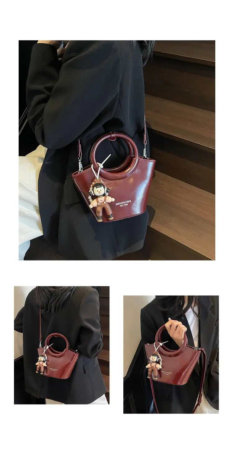 Women's Maroon Leather Shoulder Bag with Cute Charm — feature 15