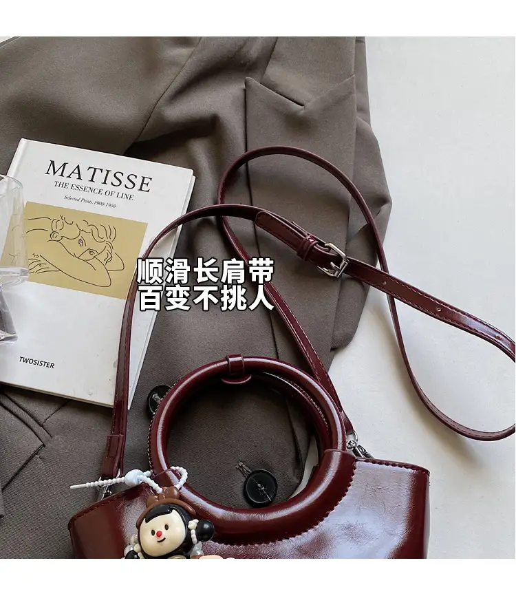 Women's Maroon Leather Shoulder Bag with Cute Charm — feature 4