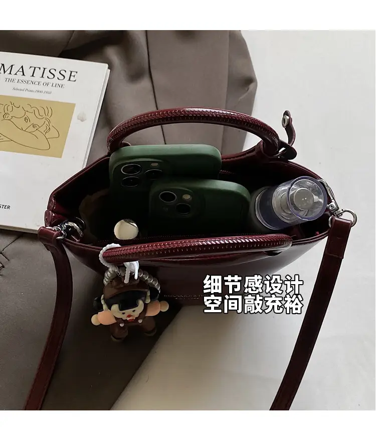 Women's Maroon Leather Shoulder Bag with Cute Charm — feature 8