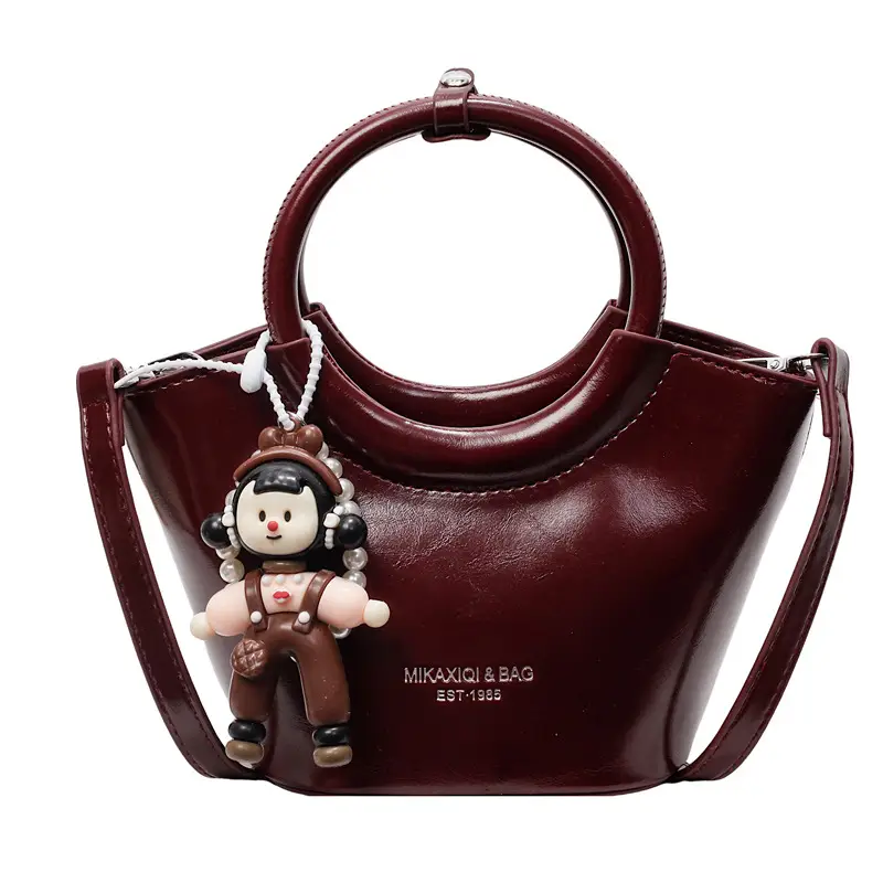 Women's Maroon Leather Shoulder Bag with Cute Charm - Image 2