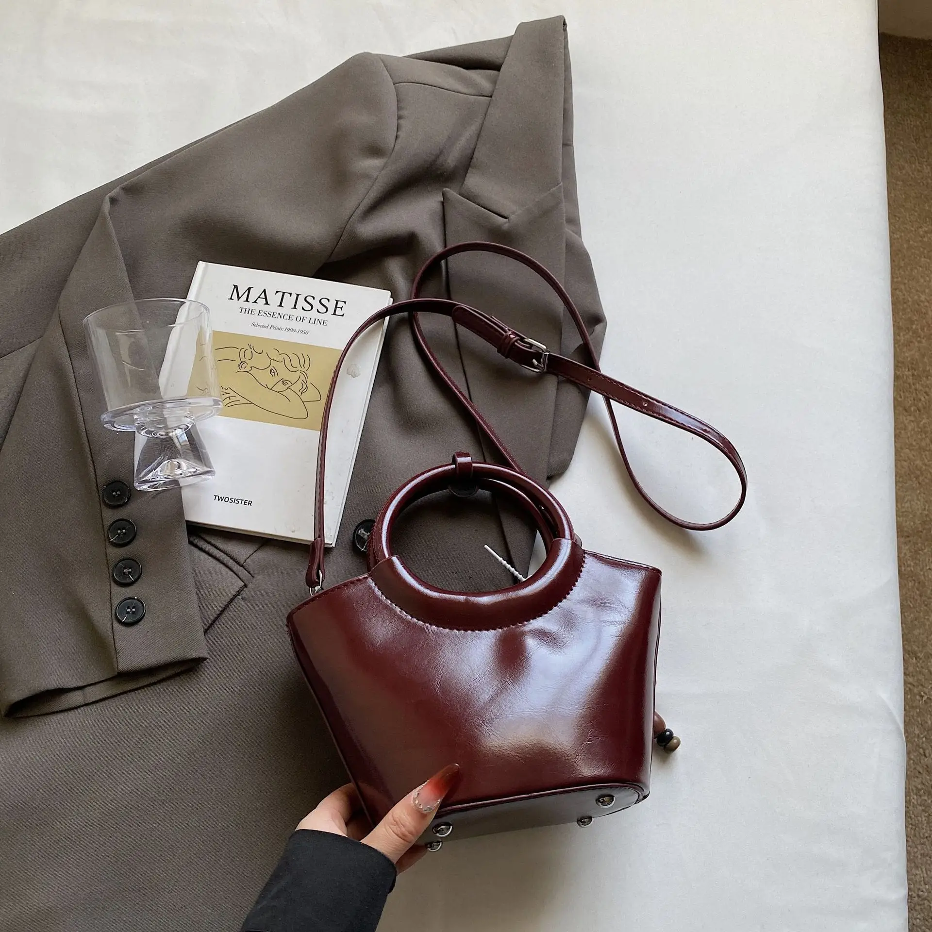 Women's Maroon Leather Shoulder Bag with Cute Charm - Image 8
