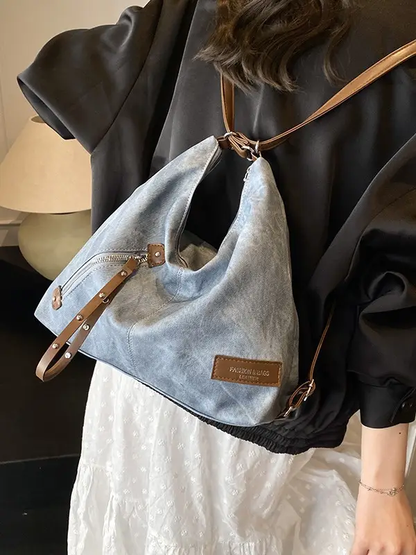 Luxury Blue Shoulder Tote Bag with Leather Strap & Pouch - Image 6