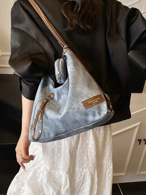 Luxury Blue Shoulder Tote Bag with Leather Strap & Pouch - Image 7