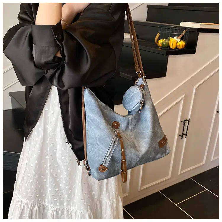 Luxury Blue Shoulder Tote Bag with Leather Strap & Pouch — feature 12