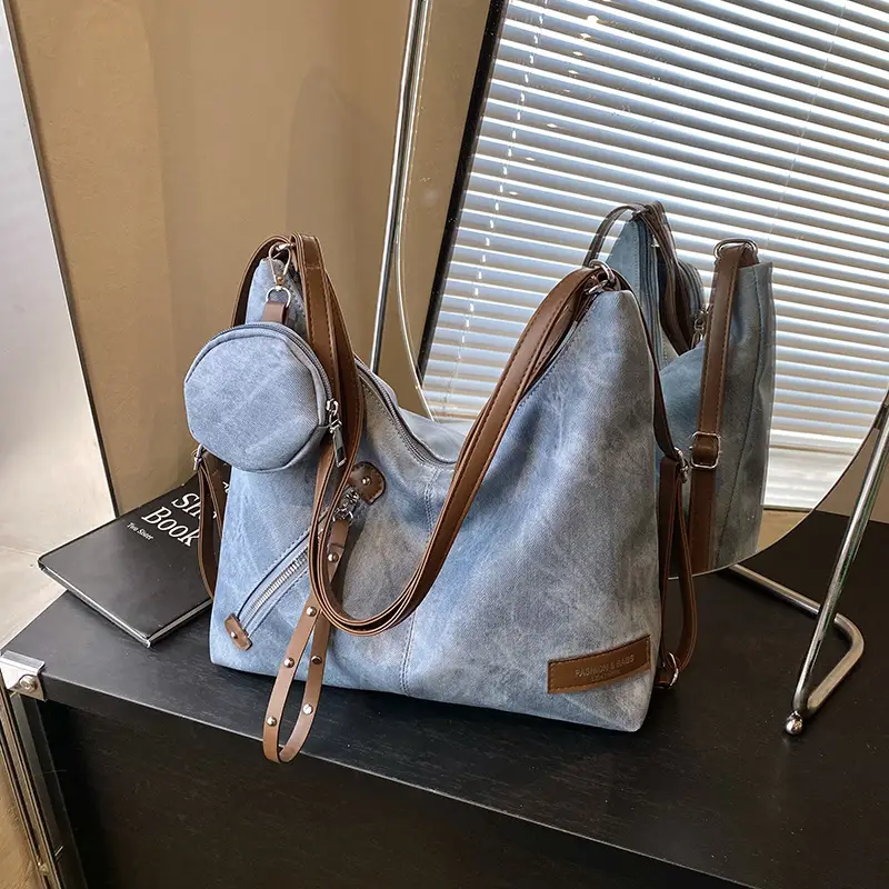 Luxury Blue Shoulder Tote Bag with Leather Strap & Pouch - Image 2