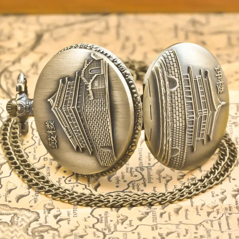 Chinese Bell Tower Bronze Pocket Watch for Men Women