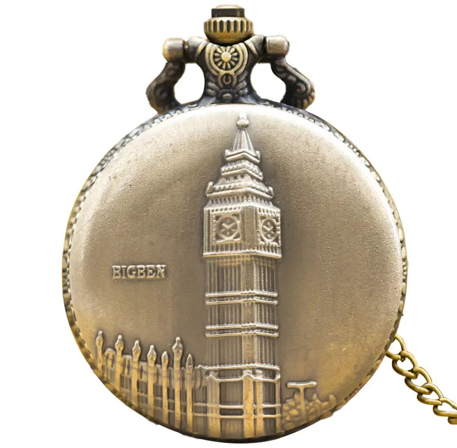 Chinese Bell Tower Bronze Pocket Watch for Men Women