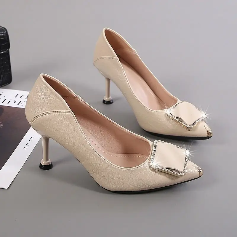Women Beige Stiletto Heels with Pearl Buckle 2026 - Image 4