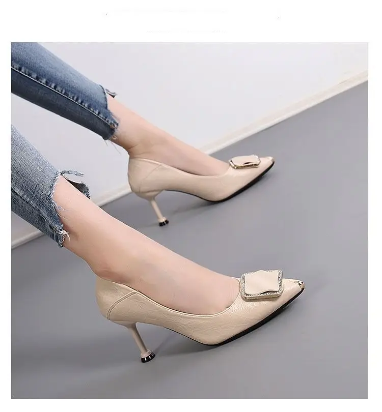 Women Beige Stiletto Heels with Pearl Buckle 2026 — feature 9