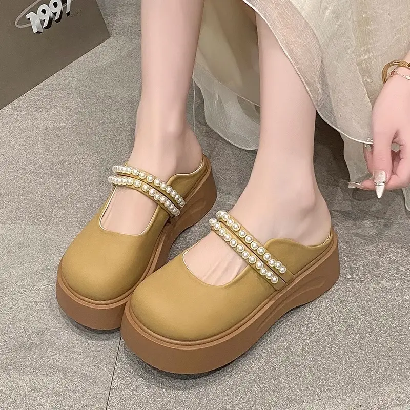 Outer Wear 2025 Spring and Summer French Toe-Cap Half Slippers for Women New Pearl Fairy Style Thick-Soled Mary Jane Sandals - Image 5