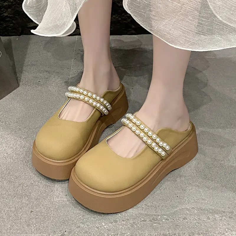 Outer Wear 2025 Spring and Summer French Toe-Cap Half Slippers for Women New Pearl Fairy Style Thick-Soled Mary Jane Sandals - Image 2