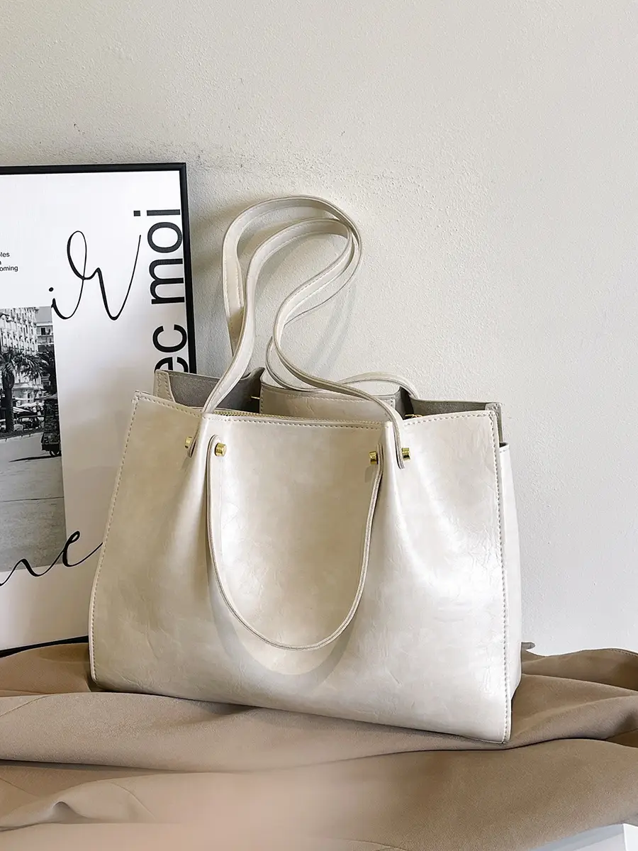 Women's White Leather Retro Tote Bag 2024 Winter - Image 7