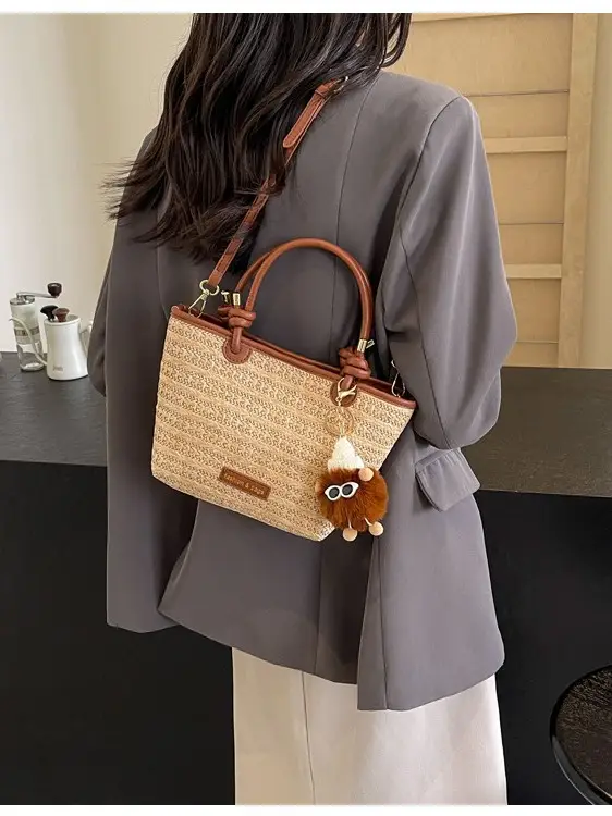 Women's Crossbody Tote Bag Woven Straw Brown 2025 Spring - Image 4