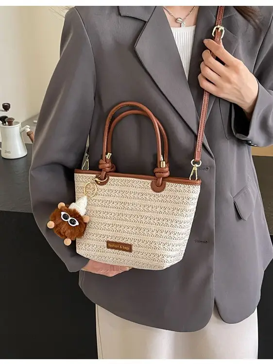 Women's Crossbody Tote Bag Woven Straw Brown 2025 Spring - Image 5