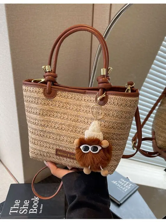 Women's Crossbody Tote Bag Woven Straw Brown 2025 Spring - Image 6