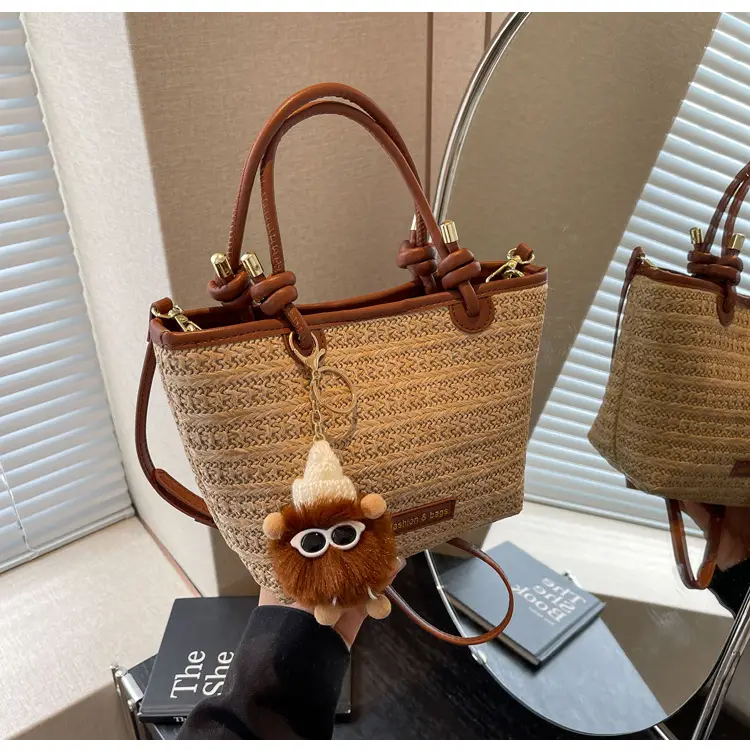Women's Crossbody Tote Bag Woven Straw Brown 2025 Spring — feature 10