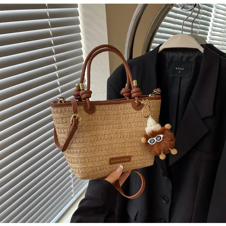 Women's Crossbody Tote Bag Woven Straw Brown 2025 Spring — feature 12