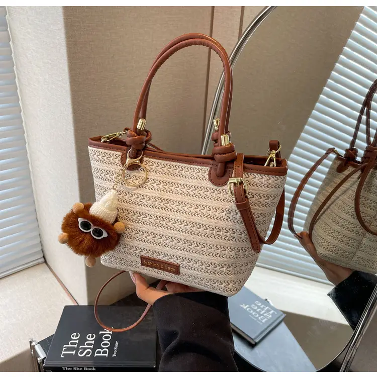 Women's Crossbody Tote Bag Woven Straw Brown 2025 Spring — feature 15