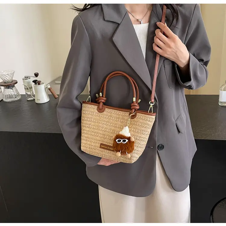 Women's Crossbody Tote Bag Woven Straw Brown 2025 Spring — feature 18