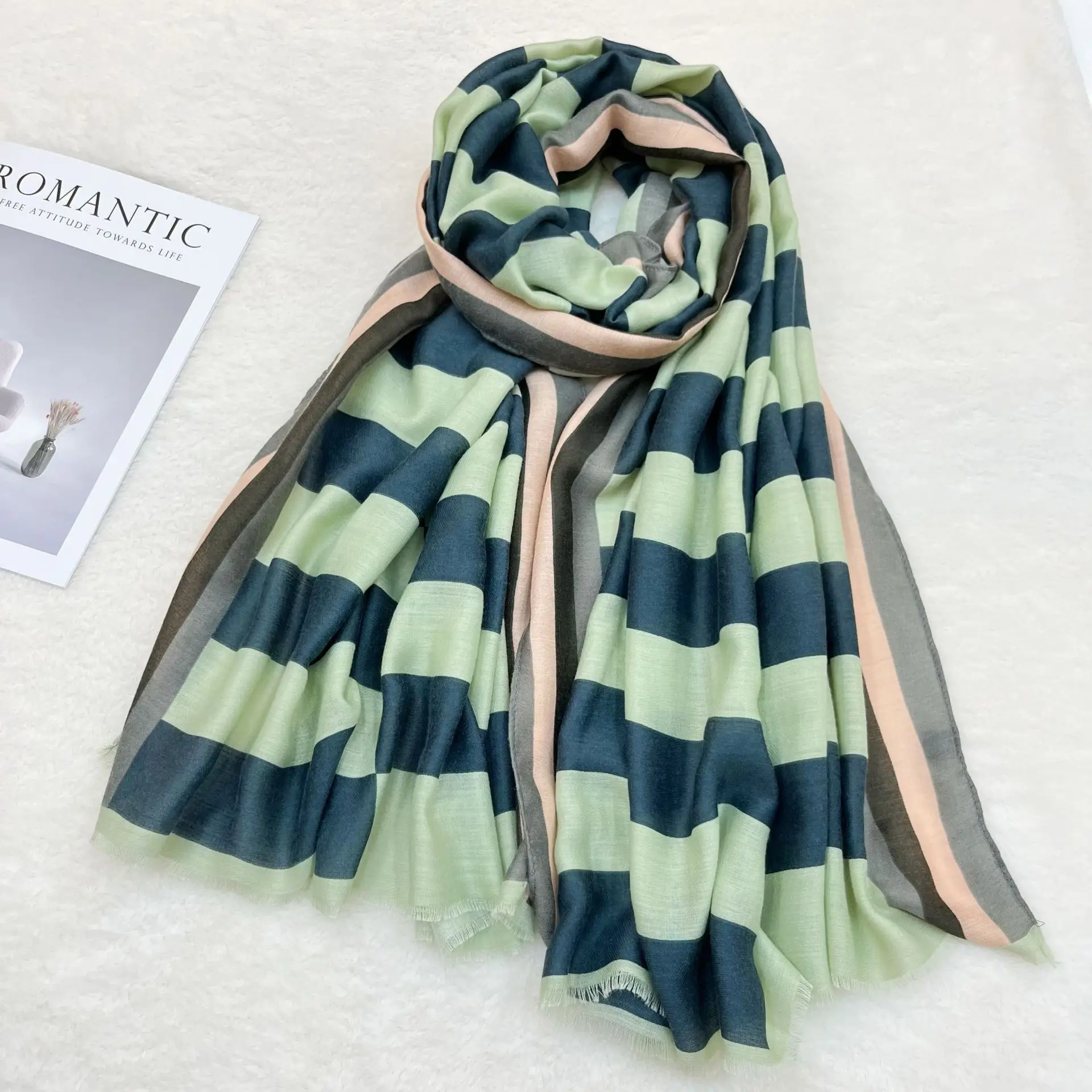 Black White Striped Women's Shawl Winter Silk Long Gauze