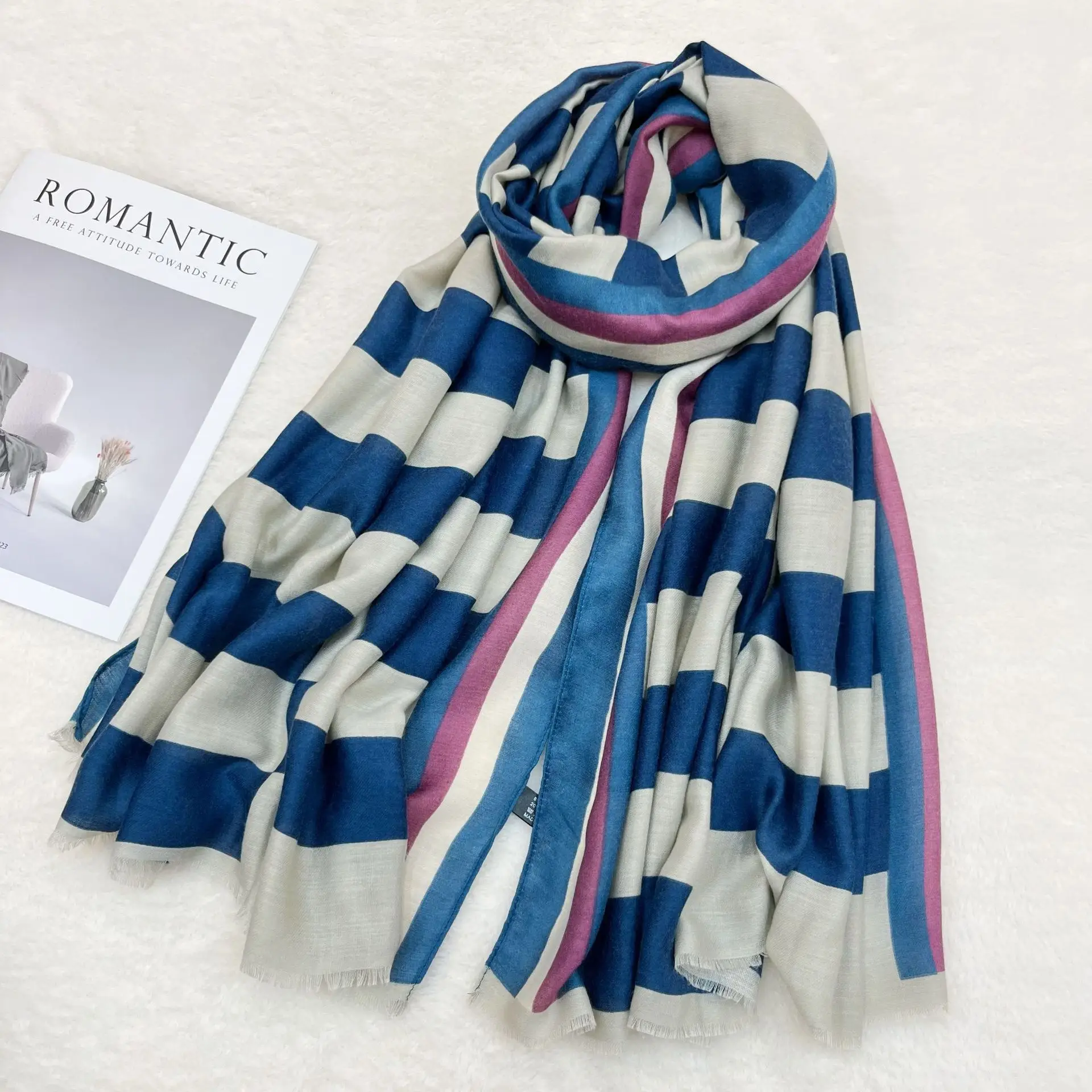 Black White Striped Women's Shawl Winter Silk Long Gauze