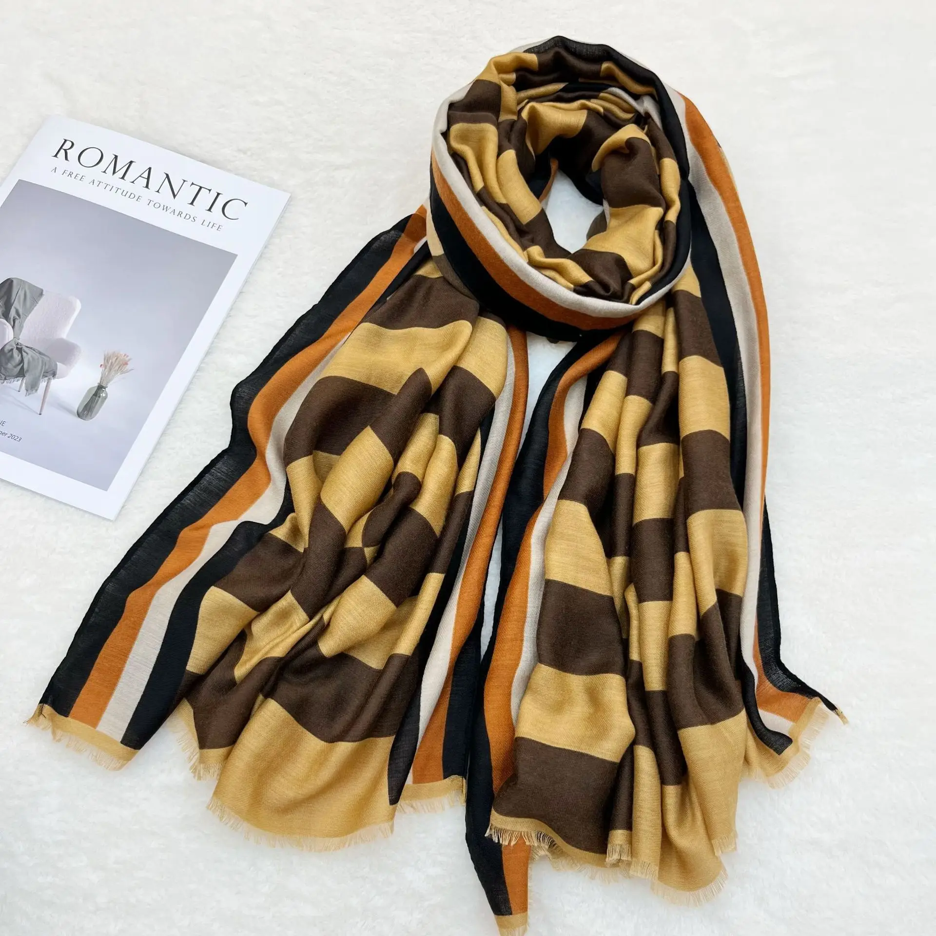 Black White Striped Women's Shawl Winter Silk Long Gauze